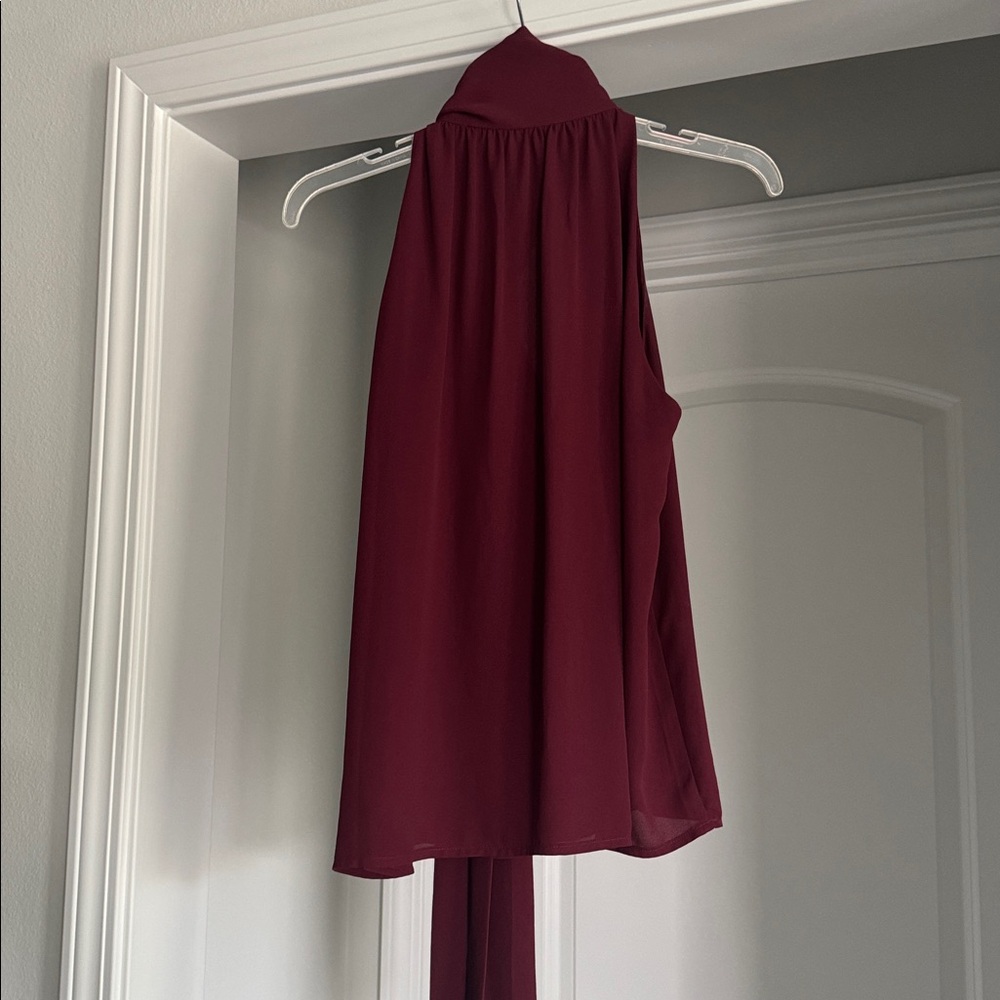 Burgundy Maroon Red Front Tie Sleeveless Work Office Corporate Dress Blouse - Picture 5 of 7